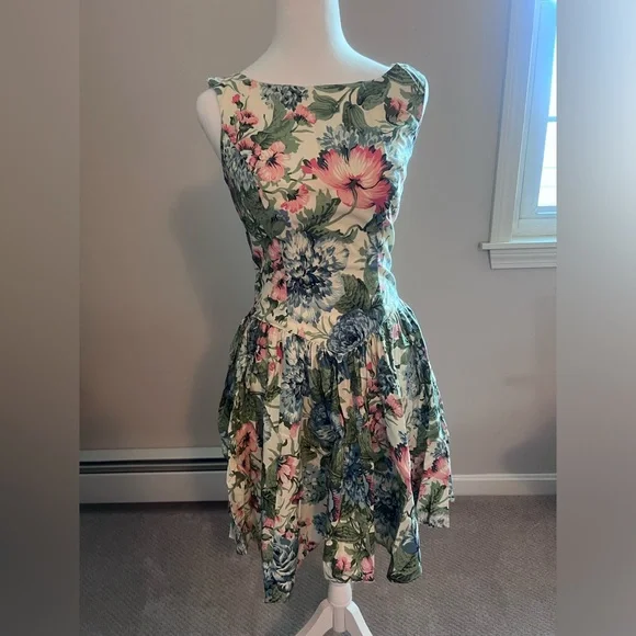 slim fit dress slacks Small 80s Does 50s Green Floral Fit & Flare Dress main image 1